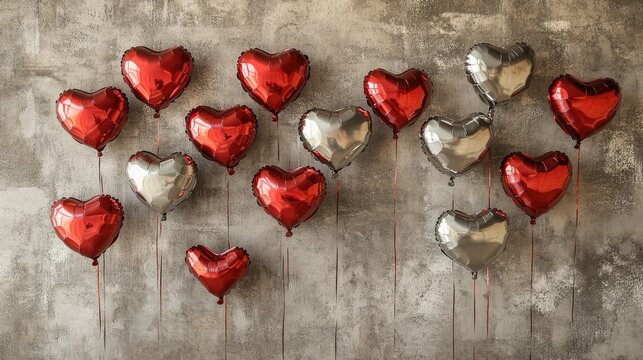 A striking arrangement of metallic heart-shaped foil balloons reflecting light, placed against a textured concrete wall for an industrial-chic vibe.