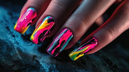 Poster - Artistic nails with bold, abstract patterns and bright neon colors, displayed against a textured dark background.