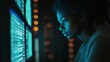 © touseef - Black female it support engineer working in a dimly lit data center with laptop and network systems, showcasing cybersecurity, analytics, and problem-solving in a high-tech server room environment.