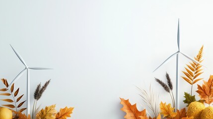 A white background with two wind turbines and a bunch of leaves