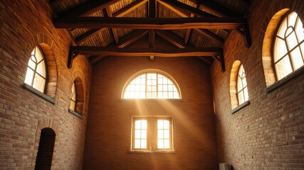 brick interior with sunlight streaming through arched windows and exposed wooden beams