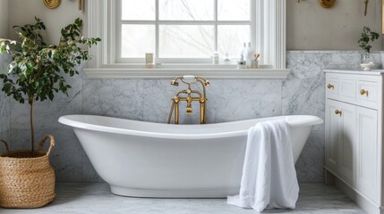 Wall Mural - Elegant freestanding bathtub in a marble bathroom with gold fixtures, plant, and towel.