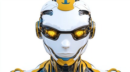 Poster - A futuristic robot head with a sleek design, featuring glowing yellow eyes and a white and yellow color scheme.