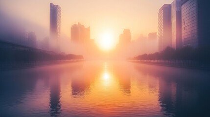 Wall Mural - Misty Sunrise Cityscape: Golden Hour Reflection on Calm Waters