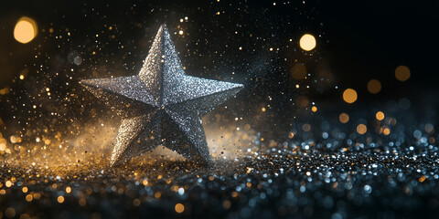 Poster - A big silver star on the glowing background with sparkles, glitters and bokeh, event banner, celebration event background for holidays and awards. 