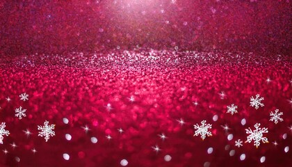 Poster - sparkling red festive background with white snowflakes, glitter texture, and soft light bokeh for holiday or seasonal designs