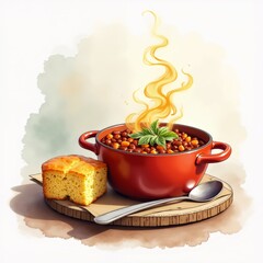 Wall Mural - The image is a digital illustration of a red pot of soup with a slice of cornbread on a wooden plate next to it. The pot is filled with a red stew or stew, and there is a spoon resting on the plate.