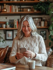 Wall Mural - Smiling Woman Using Cell Phone at Home