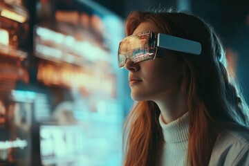 Poster - Woman wearing futuristic goggles interacts with holographic screens in a dark room