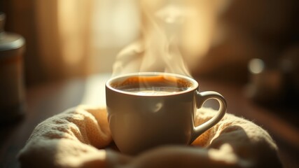 Warm morning beverage steaming in a cozy cup nestled in a soft textile