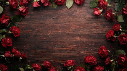 Wall Mural - Elegant red roses framing a rustic wooden background