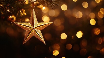 Wall Mural - golden star ornament hanging on a christmas tree