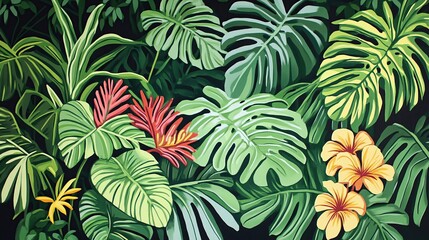  Lush tropical foliage with vibrant flowers and large leaves on a dark background.