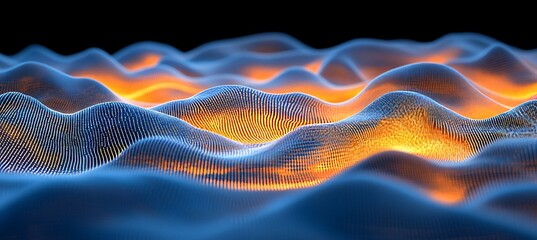 Abstract Blue and Orange Wavy Landscape, Digital Data Flow, Futuristic Technology Background