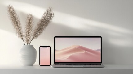 Poster - Minimalist workspace with laptop, phone, and pampas grass.