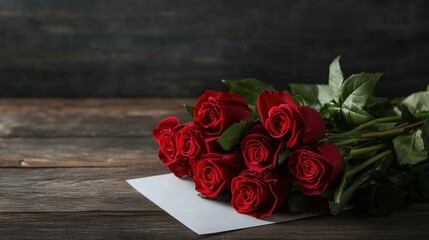 Wall Mural - Elegant bouquet of red roses on rustic wooden table