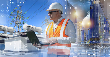 Poster - man builder industrial factory. manufacturing technologist with laptop in hands. builder of energy i