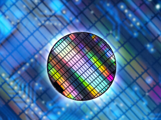 Poster - Microprocessor under microscope. Multi-colored cells on microboard. Enlarged semiconductor. Microprocessor with modern architecture. Technology background. Innovative microboard. 3d image