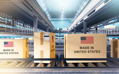 Poster - Made in united states. Boxes on conveyor. Production line with parcels. Products made in united states.. Parcels from USA at distribution center. Warehouse with American goods. 3d image