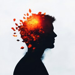 Poster - Abstract profile of a man with vibrant fiery explosion and falling leaves