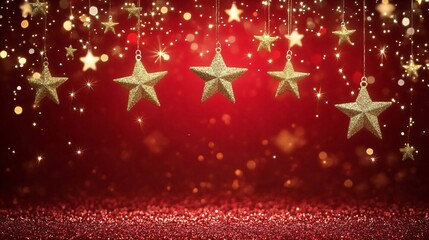 Wall Mural - Golden shining stars on blurred red background. Festive backdrop for Christmas, New Year, wedding, birthday, award, Chinese New Year, party. Holiday concept with bokeh effect and copy space