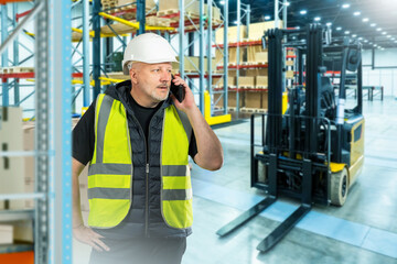 Poster - Man manager of warehouse company. Contractor with phone is standing in storage area. Forklift behind warehouse manager. Storage area with pallet racks. Warehouse director in yellow vest