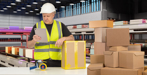 Poster - Man near warehouse sorting line. Conveyor with boxes behind storekeeper. Automated warehouse for distribution of goods to storage locations. Man with electronic tablet warehouse building
