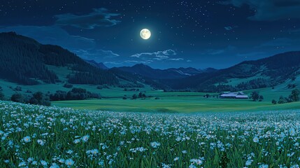  Moonlit Meadow Serene Night Landscape Alpine Flowers Full Moon Starry Sky Mountains Nature Beauty