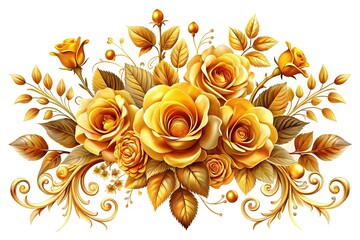 Wall Mural - Golden Floral Roses, Leaves, Bright Design