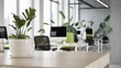 © KenPix - modern office interior, executive desk, ergonomic chair, computer monitor, city skyline view, floor-to-ceiling windows, potted plant, sleek design, natural light, corporate workspace, high-rise buildi