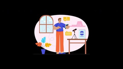 Poster - A European man stands in a well-organized room, checking his phone, with a plant and a window in the background.