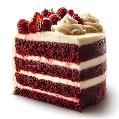 red velvet cake slice with cream cheese frosting for advertising