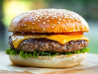 Wall Mural - Juicy cheeseburger glistens with fresh toppings and golden bun at a summer picnic