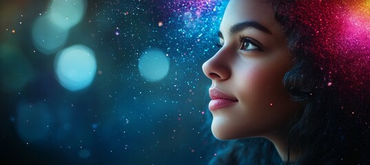Poster - Young Woman With Glowing Particle Background, Abstract Digital Consciousness Portrait