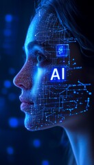 Poster - Woman, Side View, AI Letters Overlay, Digital Matrix Background, Artificial Intelligence Concept