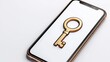 © Manon - A golden key icon is displayed on a smartphone screen, symbolizing security and access in a digital context.
