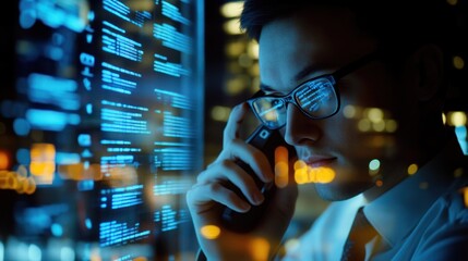Focused programmer on phone, reviewing code at night.