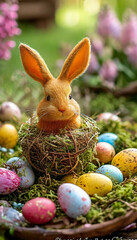 Poster - An Easter-themed painting depicting a scene with Easter treats. A basket full of eggs and Easter cakes and chocolate. A white rabbit with pink ears sits next to the basket against a background of wild