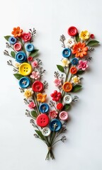 Wall Mural - Letter or Number designed with colorful button bouquets on wire stems, accented by green leaves on a white background
