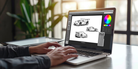 Poster - electric car design software on computer screen showing simulation blueprint brisk by digital calcul