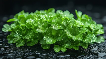 Wall Mural - Lush green plants with water droplets on dark background.