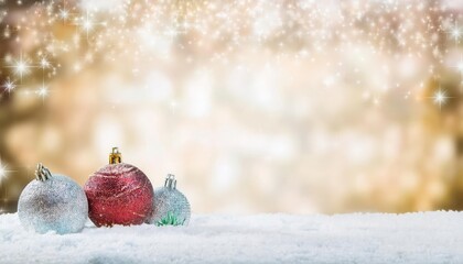 Poster - minimalist christmas scene with frosted trees, glittering ornaments, red baubles, snow covered foreground, and glowing golden bokeh background

