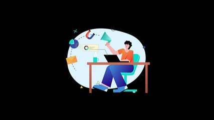 Poster - A European man working at a desk with graphs and charts in an animated style.