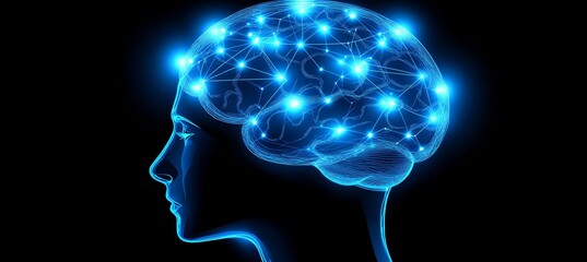 Poster - Glowing Human Brain With Network Connections On Dark Background, Neurology And Intelligence Concept