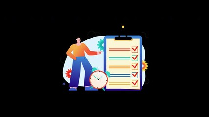 Poster - A cartoon character checking off a task list against a colorful background with gears and a clock.