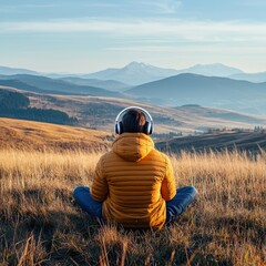 Wall Mural - A traveler enjoying music with a noise-canceling headset in a serene landscape.