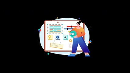 Poster - A person analyzing data in a 2D design illustration, showcasing a mix of technology and creativity.