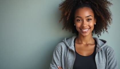 Canvas Print - A cheerful young Black woman with curly hair stands confidently, wearing a gray hoodie and a black top. Her warm smile radiates positivity and self-assurance, creating an inviting atmosphere.