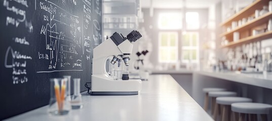 Poster - Modern Laboratory Interior With Microscope, Chalkboard Formulas In Blur, With Room For Overlay Text