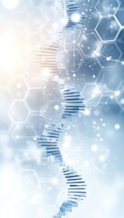 Poster - Blue And Grey Abstract Science Background With DNA Strand, Hexagon Shape, And Bokeh Effect